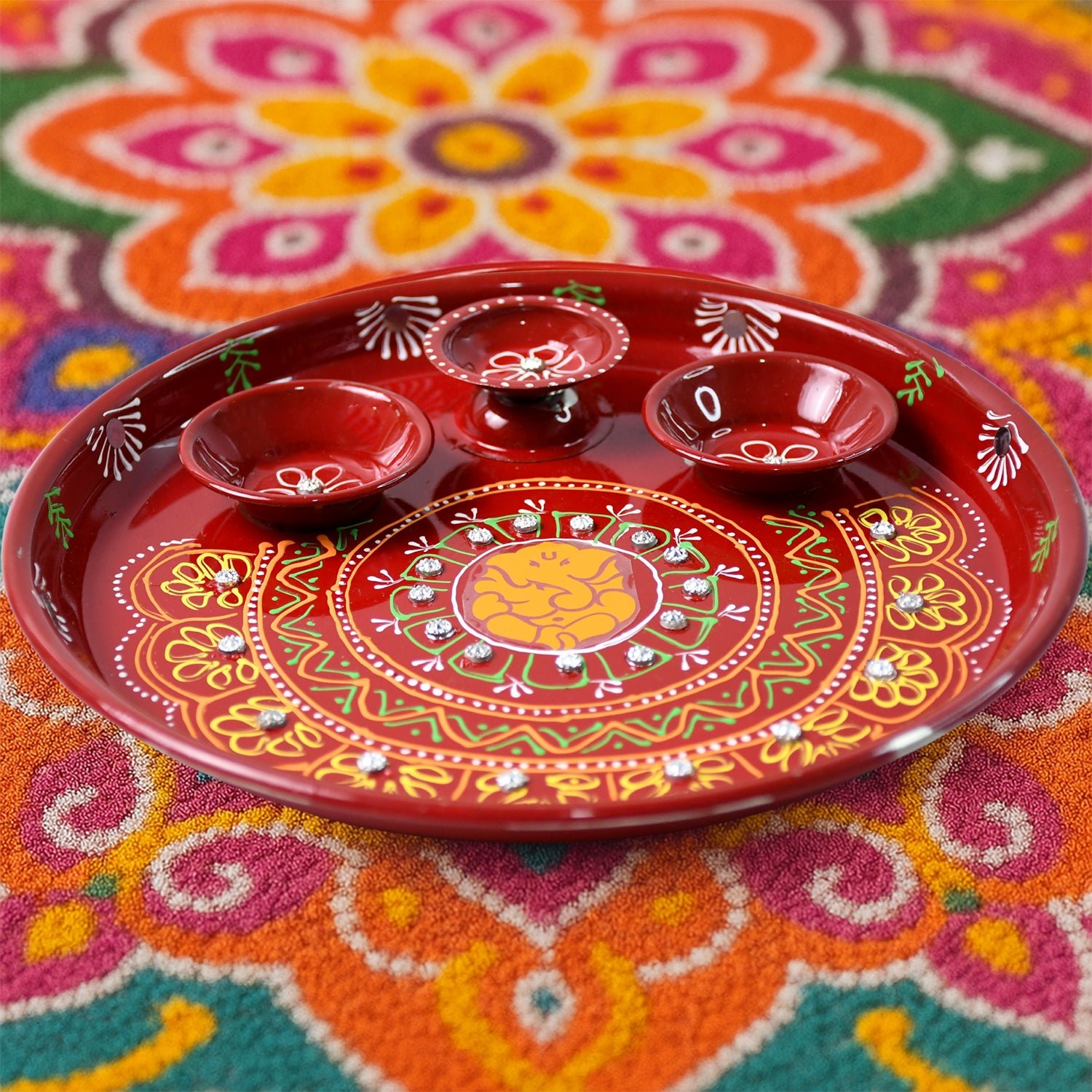 Hand-Painted Decorative Pooja Thali with Ganesha Motif and Diyas - Image 6