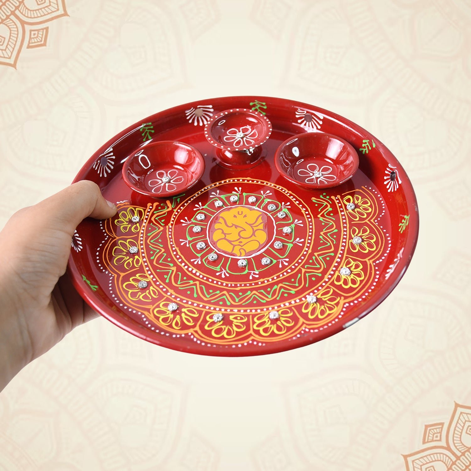 Hand-Painted Decorative Pooja Thali with Ganesha Motif and Diyas - Image 7