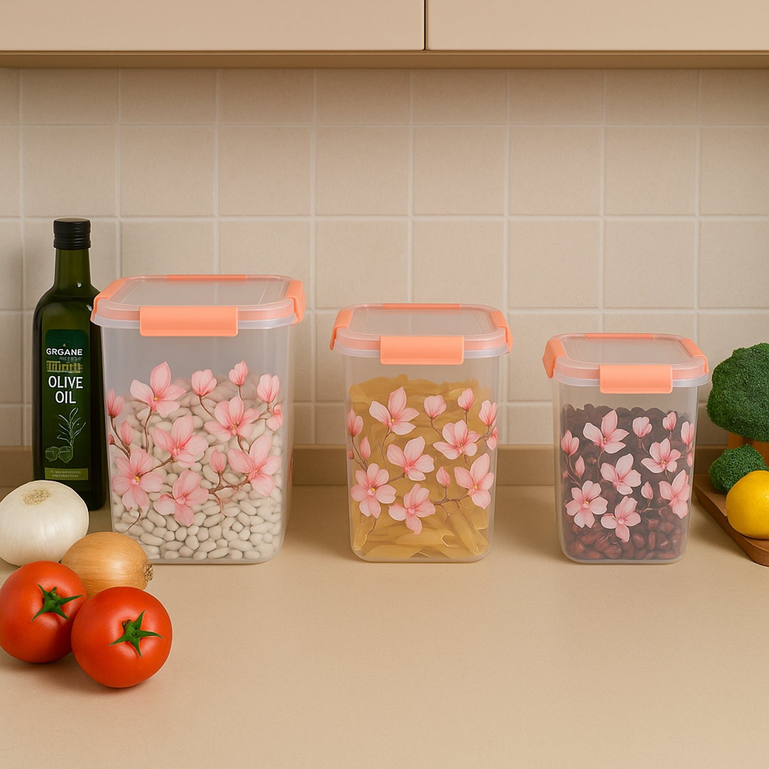 Square 3 Pcs Floral Printed Airtight Storage Container Set – Approx 2.8 Ltr, 4.5 Ltr, 6.9 Ltr (3 Pcs Set) - Image 6