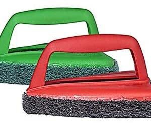 Bathroom brush with abrasive scrubber for tile cleaning