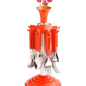 Stylish 24-piece stainless steel cutlery set with plastic handles.