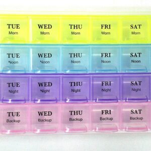 4-row weekly pill case organizer with 28 compartments for daily medicine storage.