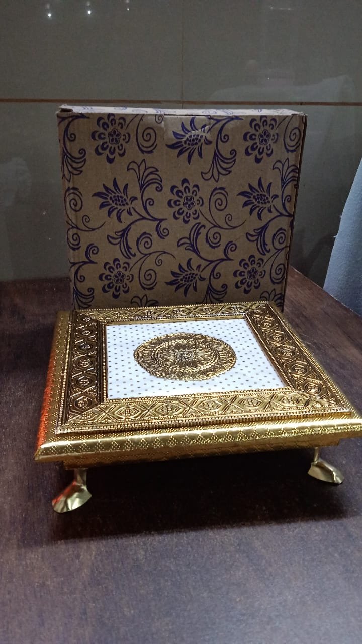 Golden - Square Pooja Chowki Patla / Bajot (20×20 CM / 1 Pc) - Image 8