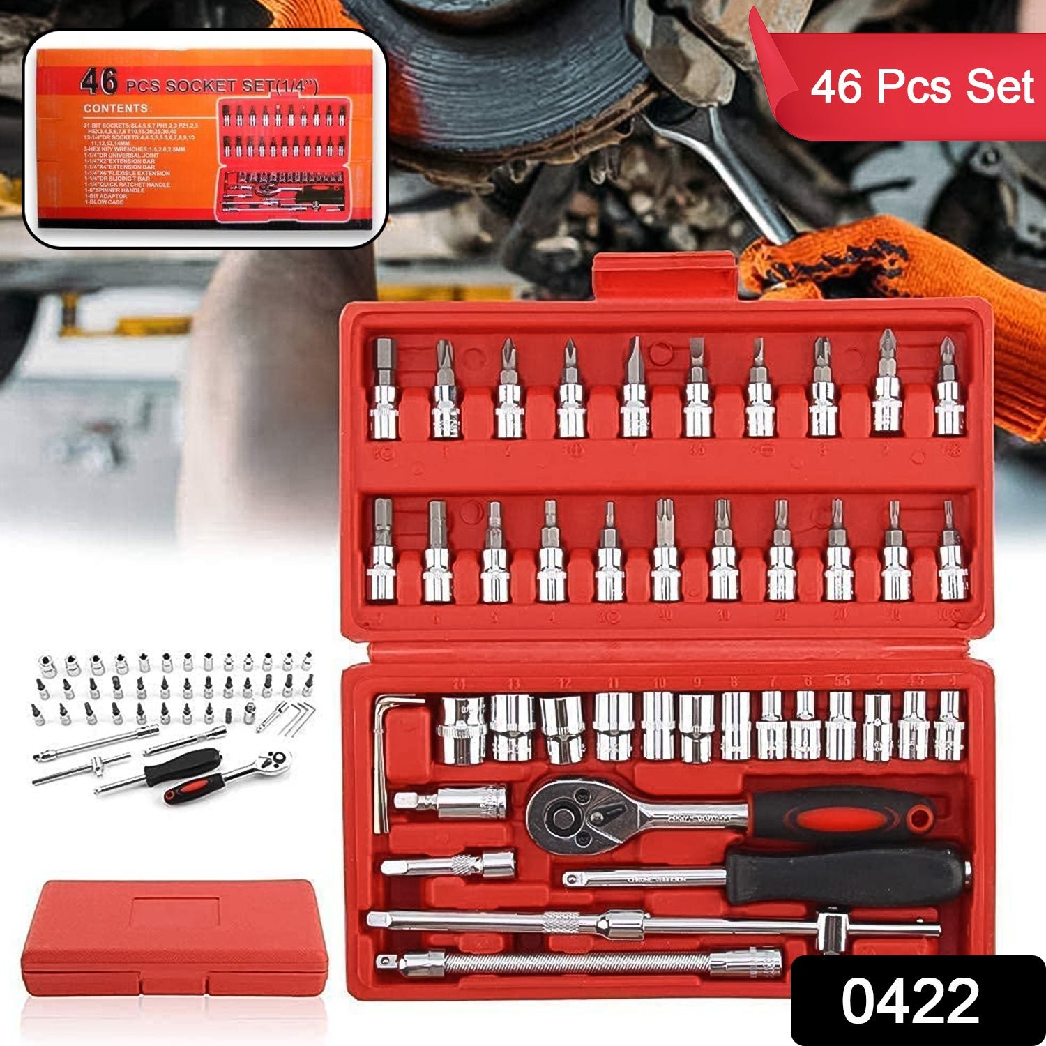 Socket 1 / 4 Inch Combination Repair Tool Kit (Red, 46 pcs) - Image 2